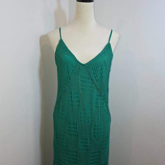 Zara Crochet Knit Maxi Dress Green Sleeveless Bohemian Beach Cover Up Medium - Picture 2 of 8